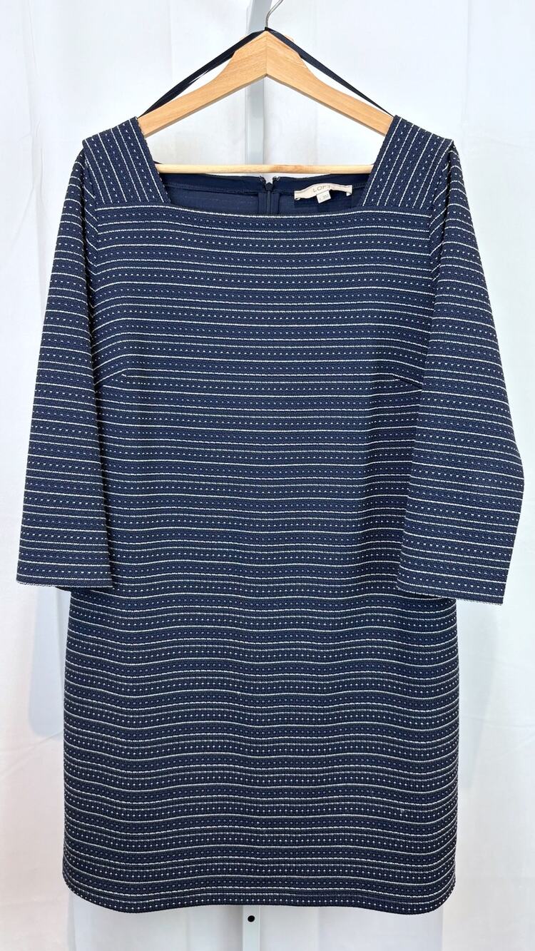 LOFT Ann Taylor Size L Textured Stripe Square Neck Shift Dress 3/4 Sleeve Blue